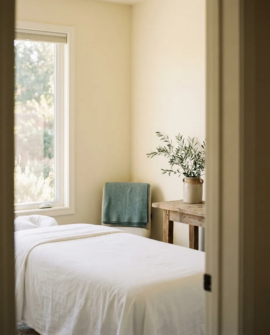 A calm, empty treatment room in morning light, with a linen-covered treatment bed, a folded teal blanket and an olive branch on a wooden side table