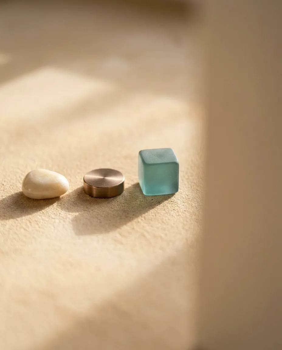Three small objects in a row on a sunlit sand-coloured surface: a pale stone, a brushed copper disc and a frosted teal glass cube