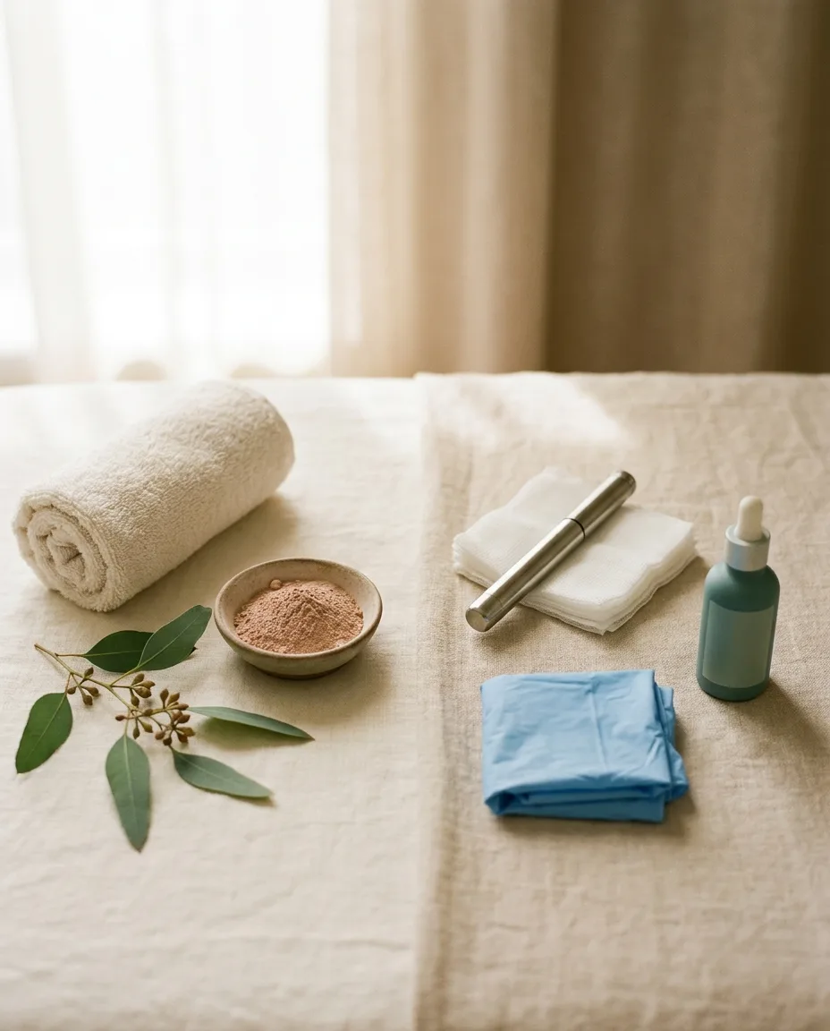 Flat lay on linen comparing traditional facial supplies — a rolled towel, clay in a bowl and eucalyptus — with clinical items including a steel handpiece, folded gauze, gloves and a dropper bottle
