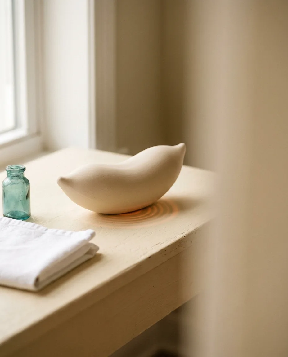 A smooth pale ceramic form on a sunlit windowsill, with faint concentric rings beneath it suggesting warmth spreading below a surface